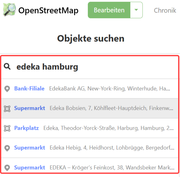 Passenden OpenStreetMap-Eintrag auswählen